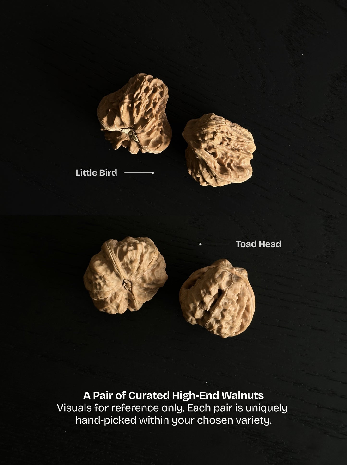 Premium Toad Head and Little Bird Wenwan walnuts with perfect symmetry included in the Banri advanced set.