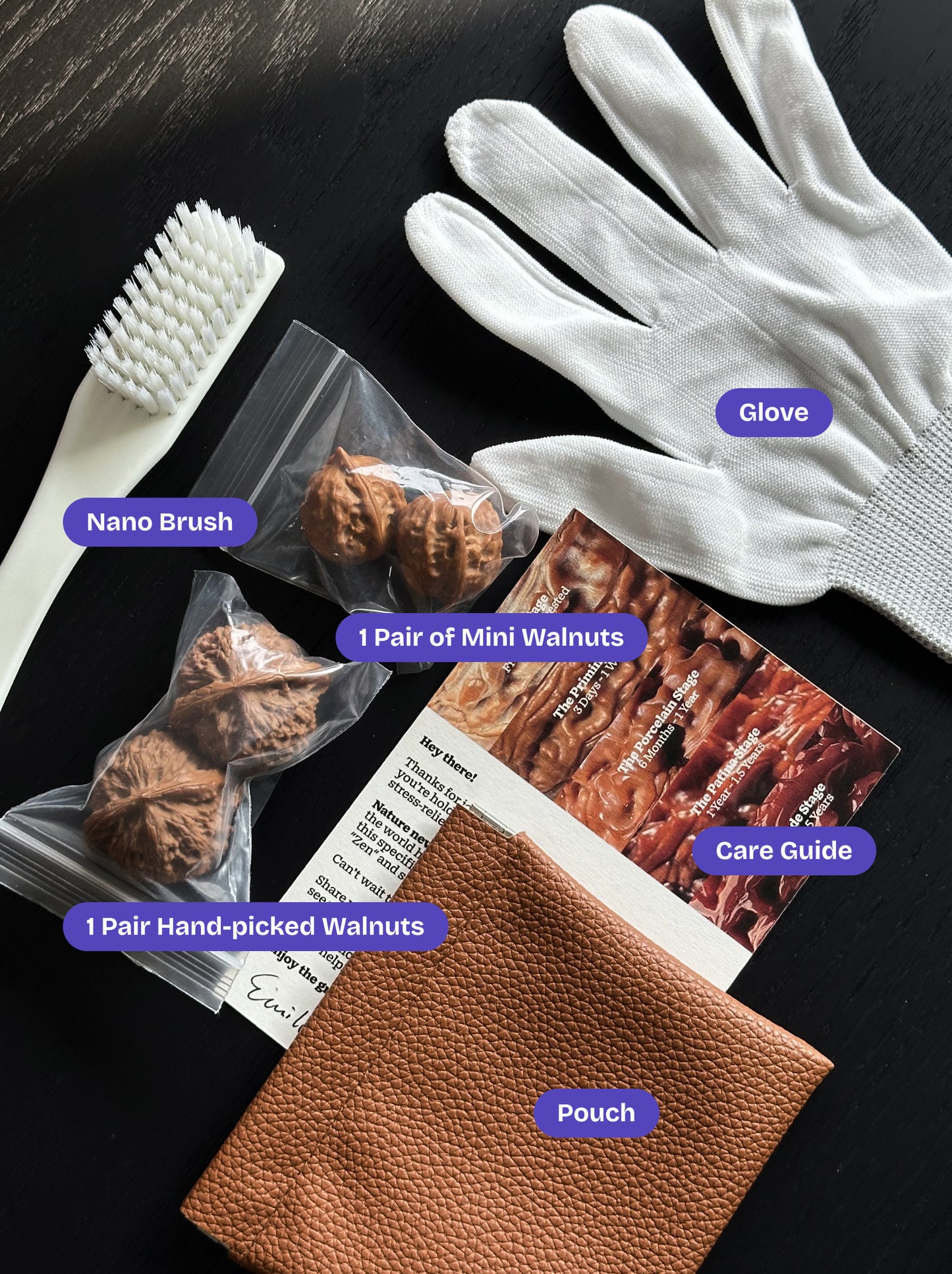 Complete Banri Wenwan walnut starter set displayed on a desk including premium walnuts and essential Wenwan care tools including nano brush, polishing glove, and pouch