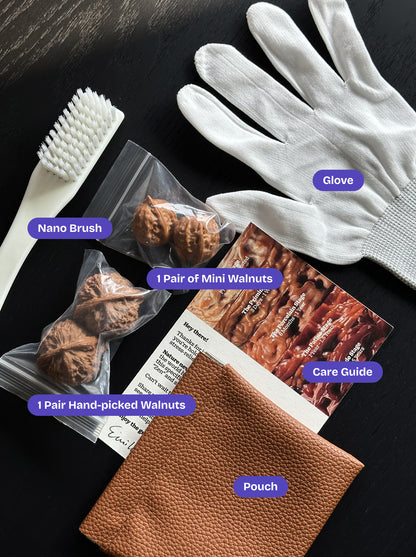 Complete Banri Wenwan walnut starter set displayed on a desk including premium walnuts and essential Wenwan care tools including nano brush, polishing glove, and pouch